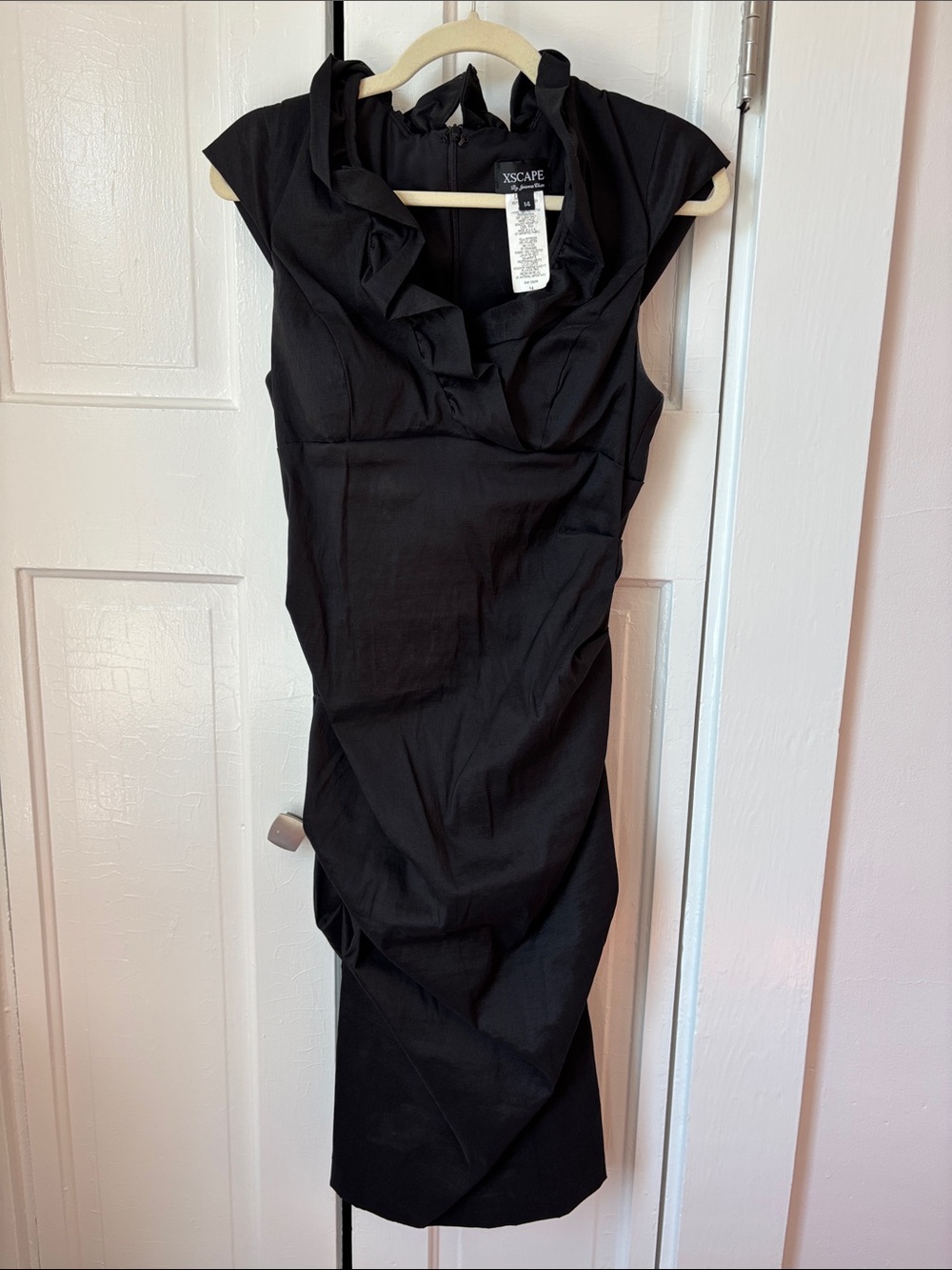 Xscape Black Ruffled V-Neck Sheath Midi Dress (runs small!)
